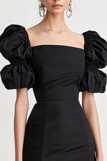 Black Bodycon Graduation Dress with Puff Sleeves